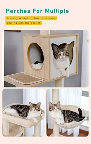 Árvore de gatos Petepela com gabinete de caixa de areia, 56,7 Torre de gato moderna com armário de armazenamento e espaçoso condomínio de gato de madeira, posto de arranhão coberto de sisal e bolas pendentes repalcáveis, bege de madeira bege