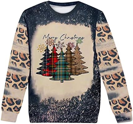 Pullover feminino Tops Women Women Christmas Sweatshirt Sweatshirt de Natal Snowflake Print Leopard Round Round Neck Sweater Feio