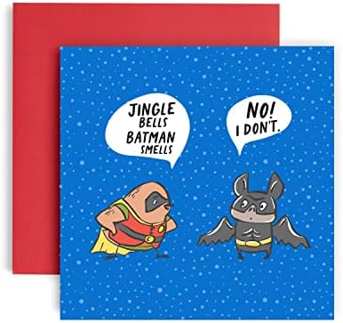 Huxters Jinge Bells Batman cheira a um cartão de Natal engraçado para ele e ela - 14,8 x 14,8 Convites de festa de Natal quadrados com envelope - Cartão de convite de Natal em branco, desejando