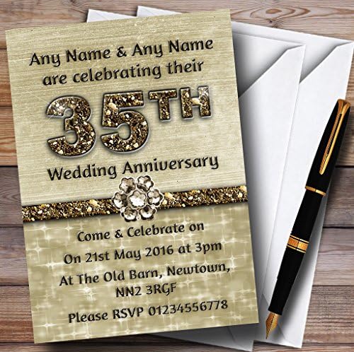 Titanium Gold Sparkly 35th Personalized Anniversary Party convites