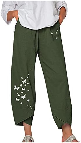 Calças de linho feminino, cintura alta perna larga Palazzo Yoga Capris Summer Summer Butterfly Print Trendy Cropped Troushers