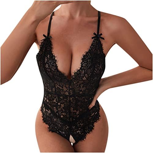 Mulheres uma peça Lingerie Lace Floral Sexy Veja através do Bodysuit Deep V pescoço Mini Teddy Babydoll Sleepwear