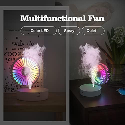 Ventilador de mesa do Geniboom Mini, ventilador de névoa portátil de 3 em 1, ventilador de mão de colar com LED colorido,