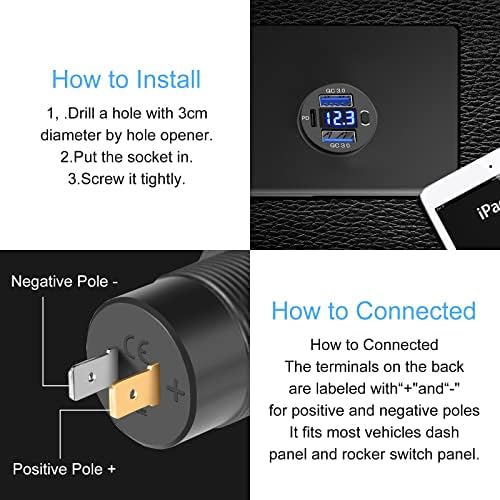 Dual USB Charge Quick Charge 3.0 Porta e PD USB C Socket Charger, saída USB de 12V com voltímetro e interruptor de energia