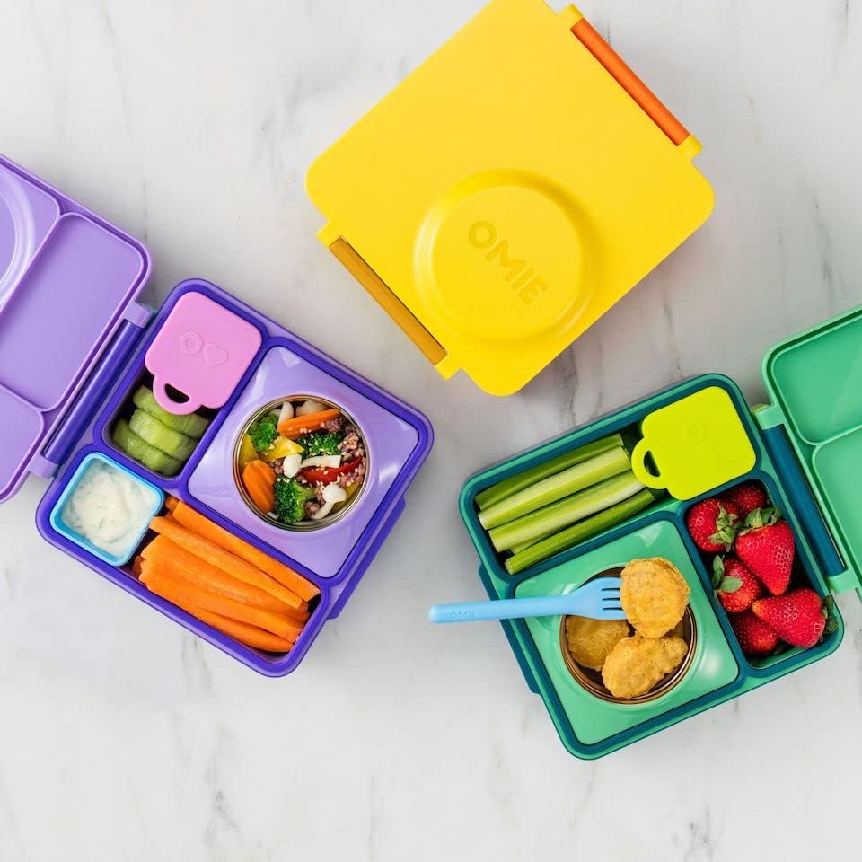 Omiebox Bento Box for Kids + OmieBox Recipientes de Dips à prova de vazamento, recipiente de molho para salada + Omiebox Kids utensils conjunto com estojo - 2 peças de plástico,