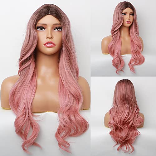 Peruca rosa Salomezklm com franja longa peruca ondulada ombre perucas rosa para mulheres resistentes ao calor perucas sintéticas