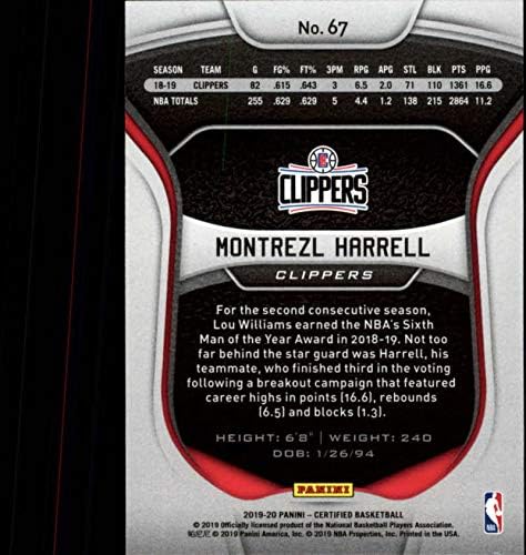 2019-20 Certificado NBA #67 Montrezl Harrell Los Angeles Clippers Card de basquete Panini Panini