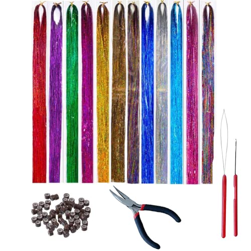kit de fios de tinsel de cabelos solar, 12 cores 2400 fios kit de manheiros de cabelo de fada, extensões de cabelo
