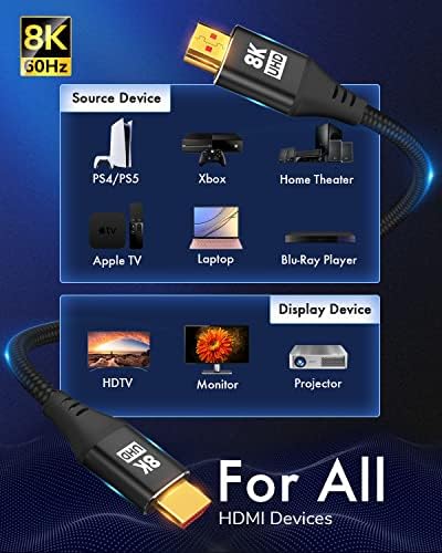 Kelink 8K HDMI 2.1 Cabo de 3,3 pés, 48 ​​Gbps Ultra de alta velocidade Cordão preto e preto HDMI - Get 4K @ 120Hz no PS5 - suporta 8k @ 60Hz, HDR, EARC, Dolby Vision, & More