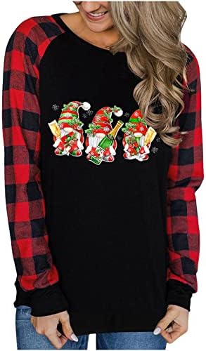 Camisas de Natal para mulheres gnomos impressão gráfica Pullover de manga longa T-shirt Casual moda xadrez raglan tops