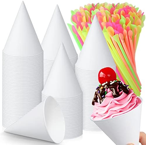 EAASTY 200 PCS Copos de cone de neve e palhas Copes de cone de cone de cola de 4,5 oz de canudos de papel de papel de papel para