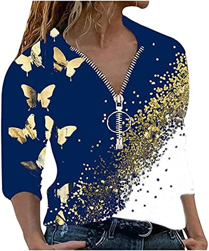 Camisetas de bloco de cores femininas, mulheres com zíper do pescoço de mangas compridas moletons de borboleta blusa de blusa