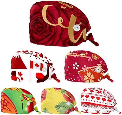 Capinha de trabalho com botões Fita de banda de moletom Back Bouffant Hats, Mandala Red Ethnic