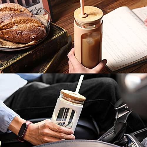 Copo de vidro de kodrine com palha e tampa, copo de café de 20 onças com tampa de bambu, copo de café gelado de capa de silicone BPA
