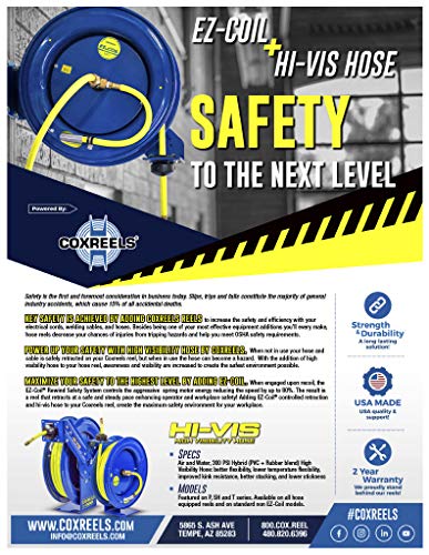 Coxreels EZ-P-LP-350-HV Série de segurança retrátil Spring Rewind Hose Reel para ar/água: 3/8 i.d, 50 'de alta visibilidade Mangueira de segurança, 300 psi, feita nos EUA