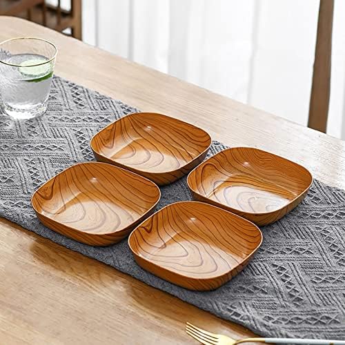 NPKGVIA Square Platpl Plate Plate Bandeja Conjunto de suporte de armazenamento de 8 pratos quadrados de grãos de madeira 14 cm Placas quadradas Dinnerware para festa de acampamento de casamentos