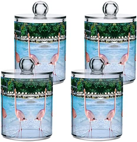 Yyzzh flamingos andando na praia verão azul oceano 4 pacote qtip titular dispensador para algodão swab bola redonda alvejamento de bola de 10 onças jarra de boticário para recompensa de banheiro organizador de maquiagem de armazenamento