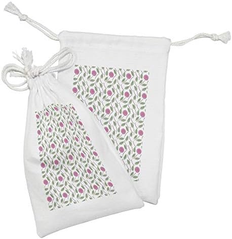 Conjunto de bolsas de tecido floral de Ambesonne de 2, em espiral, rosa em galhos com folhas, pequenos saco de cordão