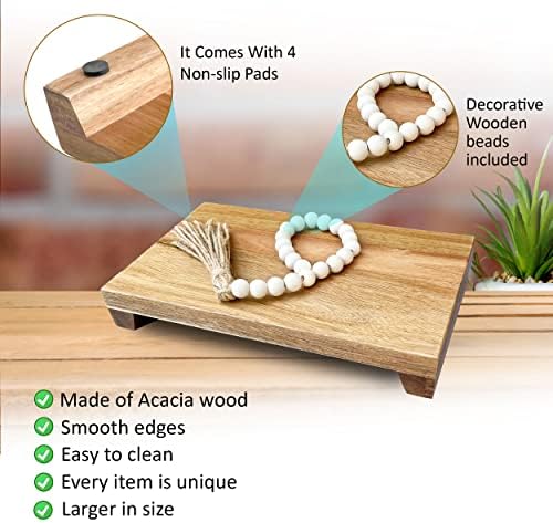 Lyfe simples Natural Acacia Wood Pedestal Stand | Riser de madeira com contas decorativas | Decoração do balcão da cozinha | Bandeja de sabão para pia da cozinha | Bandeja do banheiro | Suporte de madeira de mesa
