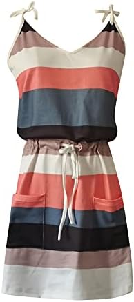 Vestido casual de verão feminino de Yzhm, sem mangas listradas, mini camisetas com tanques de bolso para praia