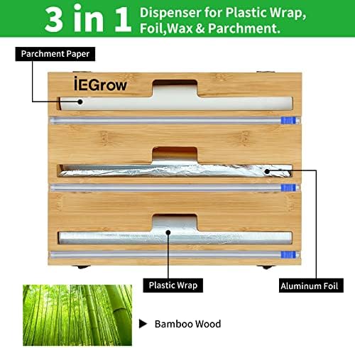 [Para rolos maiores maiores] IEGROW Bamboo 3 em 1 folha e dispensador de plástico com cortador, organizador de cozinha, organização