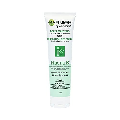 Garnier SkinActive Green Labs poros Canna-B Máscara de esfoliante de lavagem de rosto de 3 em 1 com niacinamida Vitamina B3 Cannabis Sativa Seed Oil para combinação para a pele oleosa 4.4 fl oz,