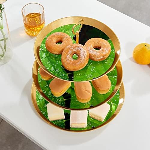 3 Placa de fruta de cupcake de 3 camadas de sobremesa Plástico para servir suporte de exibição para casamento de aniversário Decorações de chá de chá de chá de bebê redondo, verde selvagem com orvalho