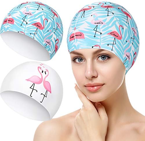 Jenpen 2 peças mulheres tampa de natação silicone cabelos longos folhas flamingo tampa de natação impressa Capinho de banho à