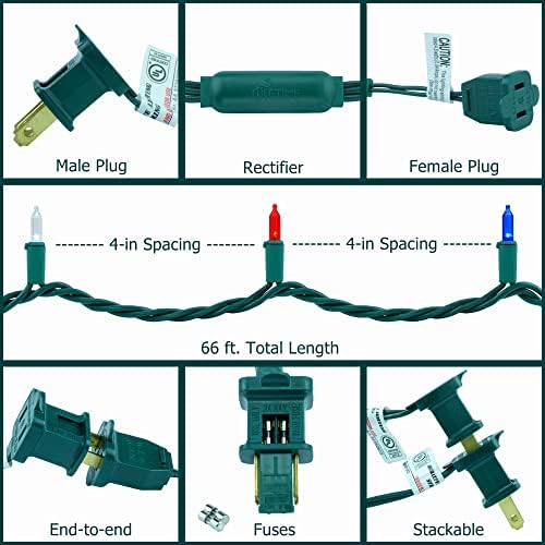 Luzes de Natal Led Led White e Azul de Yuletime Red White com arame verde, 66 pés 200 contagem UL Certified Comercial