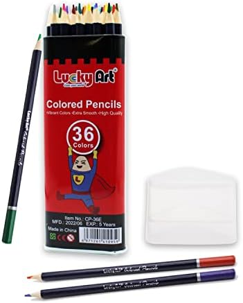 Lucky Art 36 Lápis Profissional, com uma caixa de metal - 36 lápis de cor para crianças e livros para colorir adultos