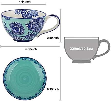 Taimei Teatime Ceramic Tea Cup e pires com colher, conjunto de 2 pacote com xícara de café em cerâmica e pires, caneca de chá e prato de 2 no estilo rural britânico