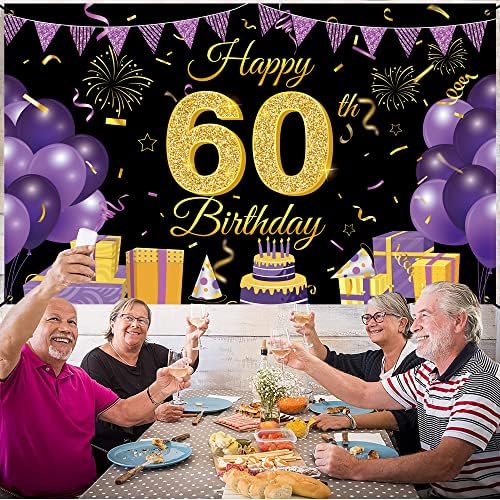 Wiipenex Feliz 60º aniversário Banner 70,86 ”x 43,3” Purple Black 60th Birthday Decorações Cheers a 60 anos de idade