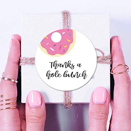 Donut rosa, obrigado adesivos, chá de bebê ou festa de aniversário, graças a um buraco de adesivo