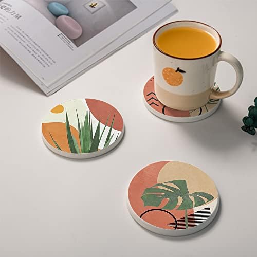 Huxjoko Coasters para bebidas Conjunto de 6, folhas tropicais modernas boho absorventes montanha -russa de cerâmica,