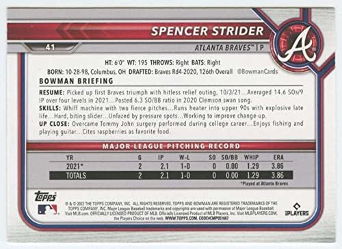2022 Bowman #41 Spencer Strider RC - Cartão Rookie Atlanta Braves Baseball NM -MT