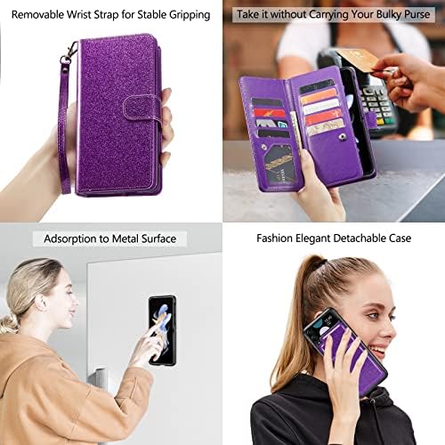 Varikke Galaxy Z Flip 4 Case, Zlip 4 Case Carthe com 9 Cartas para Mulheres, Moda Glitter Pu Leatra Straptand Pooderoso Caso Magnético