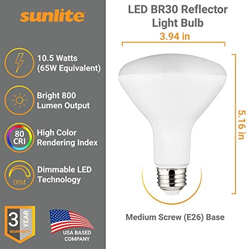 Sunlite 40417 LED BR30 FEZ RECUTADO BULBA, 10,5 WATT, 800 LUMENS, Base E26 média, inundação diminuída, UL listado, 5000k Daylight,