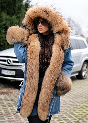 Roiii feminino jeans de inverno espeto de pele falsa com capuz mais tamanho parka casaco de jaqueta size s-3xl