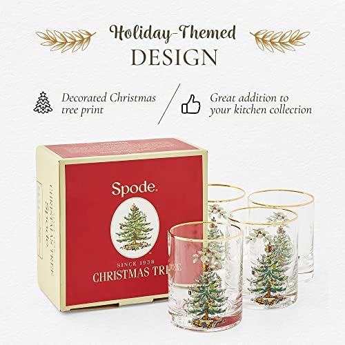 Glass de árvore de Natal de Spode, copos de moda antiga dupla, arremesso de ouro, 14 onças, design de férias clássicas, uísque para servir, gemada cremosa ou outras bebidas de 4