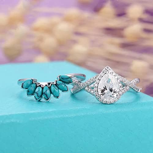 2023 Novo conjunto de 2pc Mulheres brilhantes de cristal branco zircônia gota de água anel turquesa anel promessa anéis