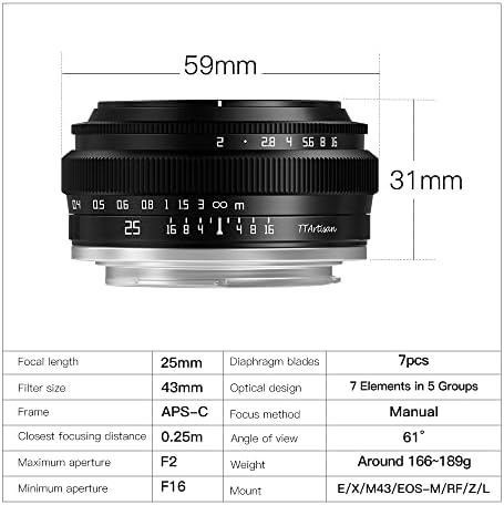 Ttartisan 25mm F2 Lente de câmera APS-C de ângulo amplo Manual de abertura Lente de câmera fixa compatível com a câmera Nikon Z-Mount Z6 Z7 Z50 Z5 Z6II Z7II