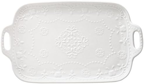 Mygift Vintage Christmas Serving Platter com alças, queijo de cerâmica branca decorativa e bandeja de lanches com design de Fleur-de-Lis, 11 polegadas