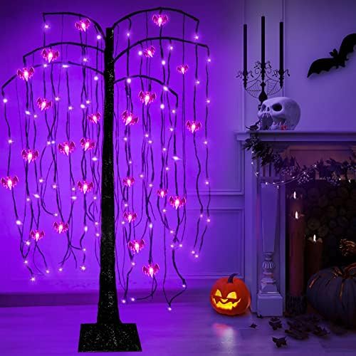 Willow Tree de Halloween de 5 pés com timer 108 LEDs LEDs roxas e luzes de morcegos Decoração, árvore iluminada preta