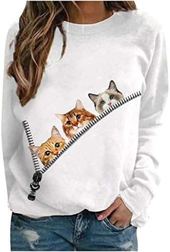 Tops de estampa de animal para mulheres 3D zíper aparecem camisa de gatinhos de manga longa Selta de punção de pullinatra engraçada