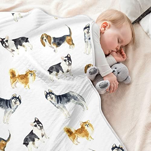 Clante de arremesso Husky Bulldog Dachshund Clanta de algodão para bebês, recebendo cobertor, cobertor leve e macio para berço, carrinho, cobertores de berçário, filhote, 30x40 in, branco
