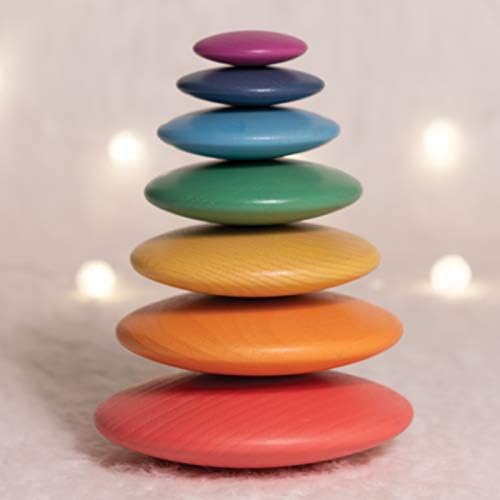 Botões de arco -íris de tickit - Conjunto de 7 - Pedras de empilhamento de madeira para bebês e crianças pequenas com 0+
