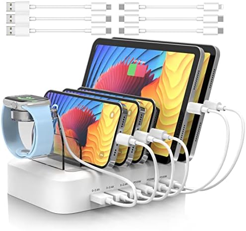 Estação de carregamento rápido para vários dispositivos Apple, MSTJry 90W Dock de carregamento de 6 portas com 3pcs PD 20W USB-C projetado para iPad, iPhone, Android, tablet e outros eletrônicos, branco