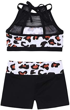 Ranrann 2pcs infantil garotas de dança de balé de ginástica unidade unidade de mesh leopard halter tampa atlética com fundo