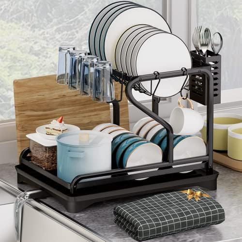 Rack de secagem de pratos, prateleiras de duas camadas para balcão de cozinha com drenagem, conjunto de pratos multifuncionais