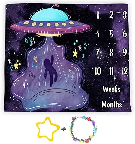 Cobertor de marco mensal de OVNI, 48x40in flanela macia, nave espacial redonda alienígena, presentes para a mãe recém -nascida,